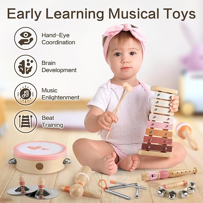 Musical Instruments for Girls - Toys for 2 3 Year Old Girl Birthday Gifts - 8 in 1 Wooden Montessori Musical Set with Xylophone/Tambourine/Maracas/Flute for Toddler 2-4(Pink)
