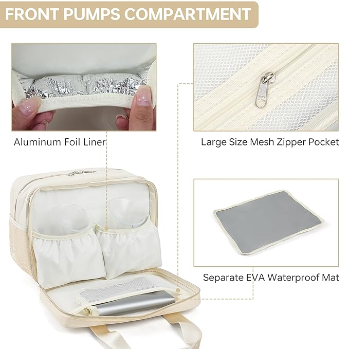 Breastmilk Cooler Bag with Ice Pack,Fits 6 Baby Bottles Up to 9 Ounce Breast Milk Cooler Travel Bag Compatible with Wearable Breast Pumps & Accessories for Nursing Mom Daycare Cream