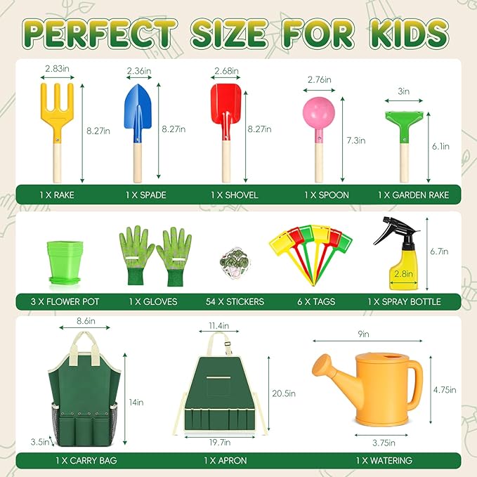 Kids Gardening Tool Set, 20PCS Gardening Toys Includes Metal Rake,Fork,Trowel,Apron,Gloves,Watering Can,Tote Bag, Garden Tool Kit for Kids, Outdoor Toys Gift for Boys Girls