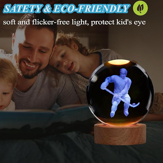 Hockey Night Light, Ice Hockey Gifts, Hockey 3D Crystal Ball Night Light with Remote Upgraded 3.15 Inch Lamps with 16 Color for Birthday Xmas Cool Figurines Gifts for Room Decor Boys Girls