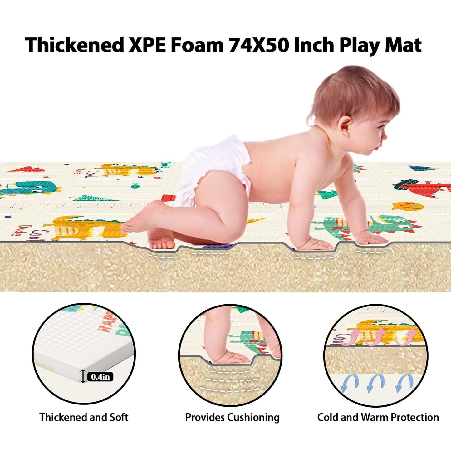 Baby Play Mat, 74 x 50 Inch Play Mat Perfect for Use Baby Playpen, Foldable Baby Foam Playmat for Floor, Portable Waterproof Activity PlayMats for Babies, Infants and Toddlers