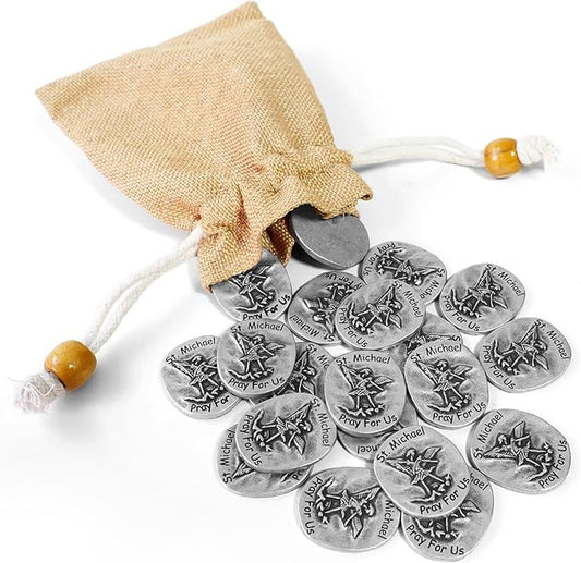 20 PCS St. Michael The Archangel Challenge Coins - Guardian Angel Coins, Saint Michael Coin for Kids, Prayer Coin with Pray for Us Inscription, San Miguel Arcangel Protection Tokens