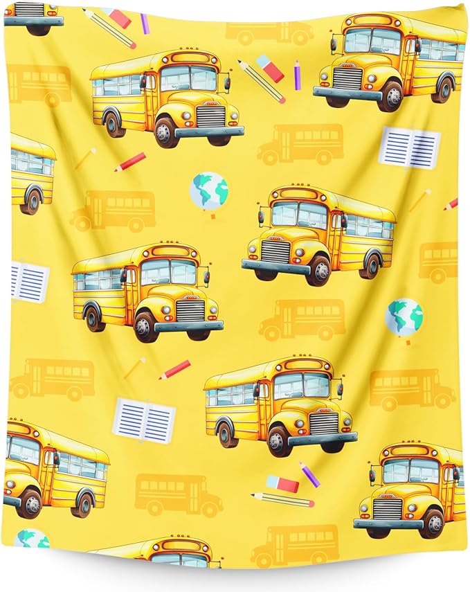 Kids School Bus Blanket Gift Cute Decor Throw Blankets for Boys, 40x50 Inches Lightweight Warm Flannel All Season Throw for Sofa Couch Bed Office
