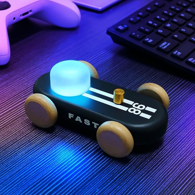 Wooden Go-Kart Night Light for Kids, 7 Color Adjustable, USB Rechargeable (Black)