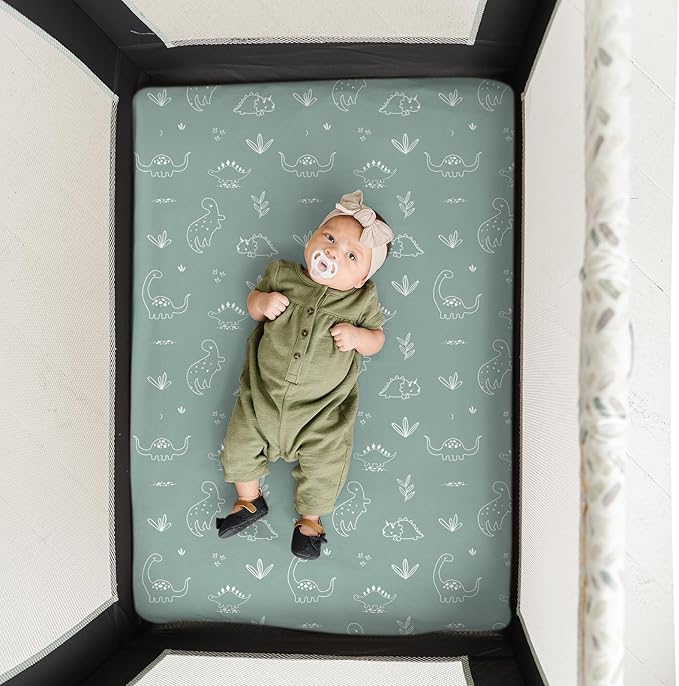 Pack n Play Sheets, BROLEX 2 Pack Mini Crib Sheets,Stretchy Portable Fitted Playard Sheet Set, Convertible Playard Mattress Cover,Ultra Soft Breathable Material,Cute Dinosaurs