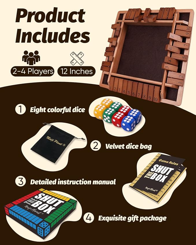 12" Upgraded Shut The Box Game, Math Dice Board Game for Family Night Classroom Travel, Wooden Table for Group Kid Adult Senior, Travel Party Bar, Easy Quick and Fun, 2-4 Players