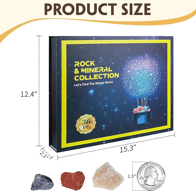 Rock Collection for Kids - 36pc Cool Rocks and Gems Stones Crystals Kit - Rocks and Minerals Science Kit with Leaning Guide - Earth Science Activity Kit - Rock Collection Box for Kids