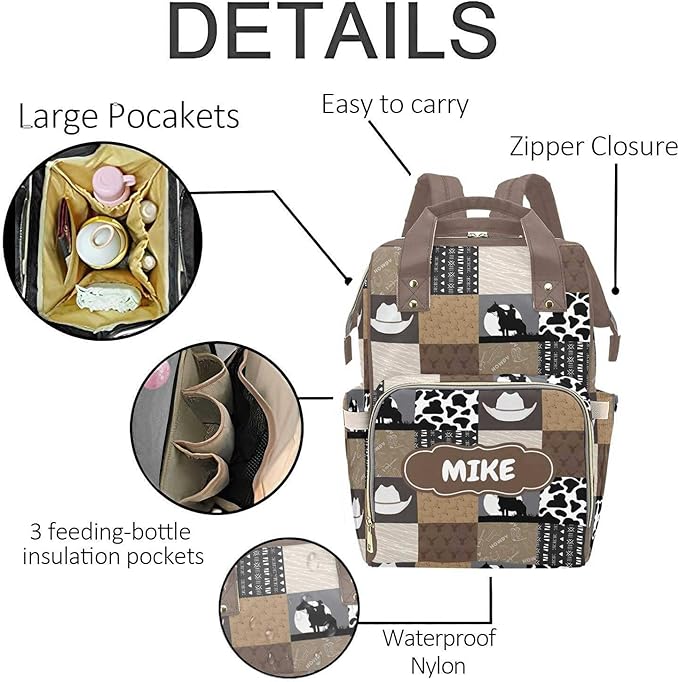 Cowboy Personalized Diaper Bag with Custom Name – Custom Baby Tote Backpack for Mom, Unique Gift for New Parents, Baby Shower Essentials