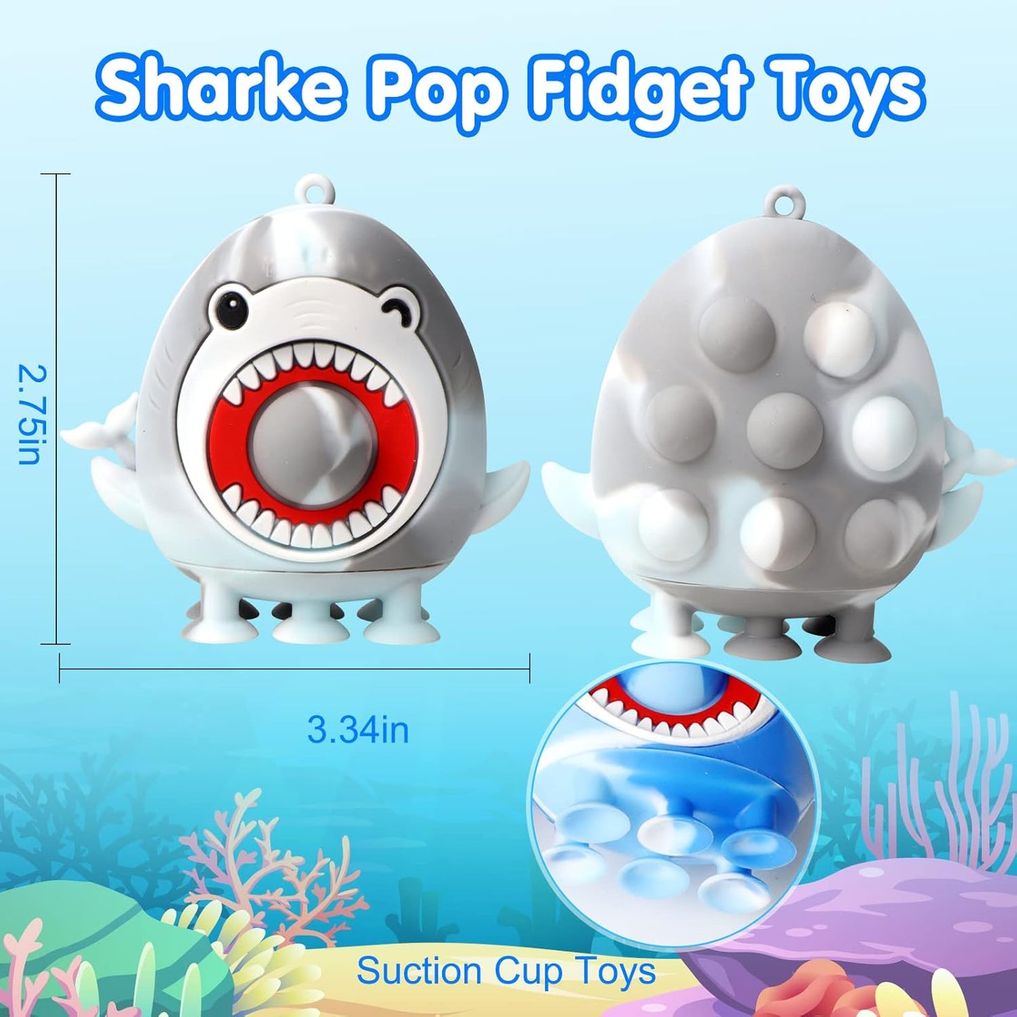 4 PCS Shark Party Favors for Kids,Silicone Shark Suction Bath Toys,3D Shark Pop Fidget Toys Sensory Toys,Stress Relief Desk Toys,Party Favors Shark Toys for Kids