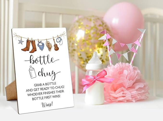 Baby Shower Games Bottle Chug Sign-8x11 Inches West Cowboy Wooden Sign Baby Gift for Baby Shower Gender Reveal Party, Gender Neutral Baby Bottle Shower Party Games Favors Supplies-11