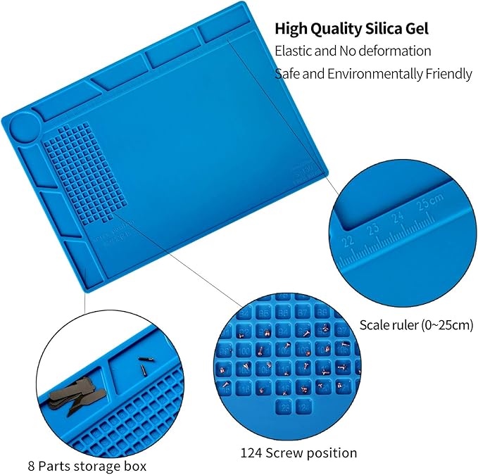 Kaisi S-130 Insulation Silicone Soldering Mat Repair Mat, Heat Resistant Silicone Work Mats 932°F with Scale Ruler and Screw Position for Soldering, CellPhone Electronics Repair, Size: 13.8 x 9.8 inch