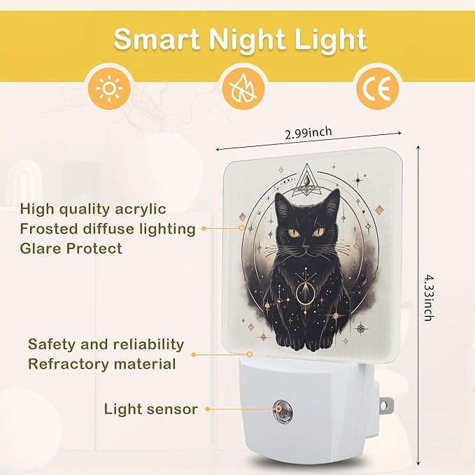 Black Cat Night Lights Plug into Wall, Funny Cats Auto Sensor LED Night Lamp for Men Women Boys Girls Holiday Presents Gifts