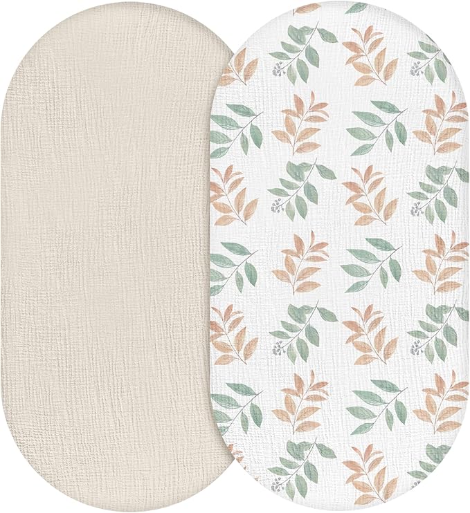 Muslin Bassinet Fitted Sheets, 2 Pack for Baby Boy and Girl, Soft Breathable Stretchy Baby Pad/Mattress Sheet Set, Universal Fit for Hourglass Oval and Rectangle Bassinet Mattress (Bright Leaves)