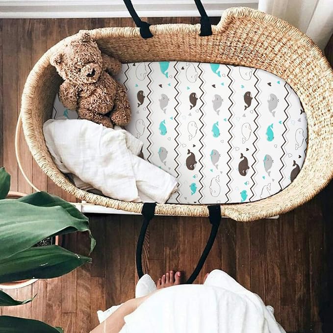 Stretch Fitted Bassinet Sheet Set BROLEX 2 Pack Cradle Sheets for Bassinet Pad/Mattress,Unisex Boys Girls,Ultra Soft,Elephant Whale