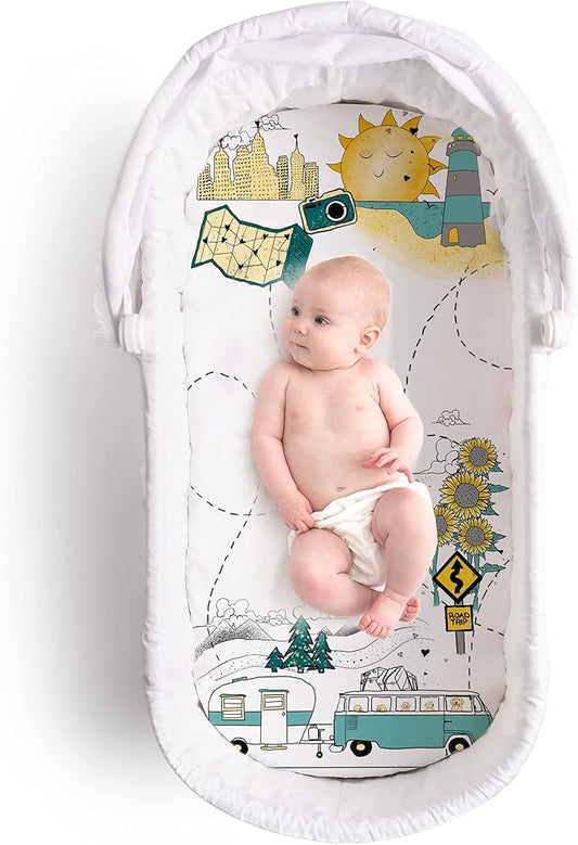 JumpOff Jo - Hypoallergenic Fitted Bassinet Sheet for Baby Boys & Girls - Rectangular, Hourglass & Oval Crib Compatible, Soft, Breathable, Machine Washable - Travel Road Trip