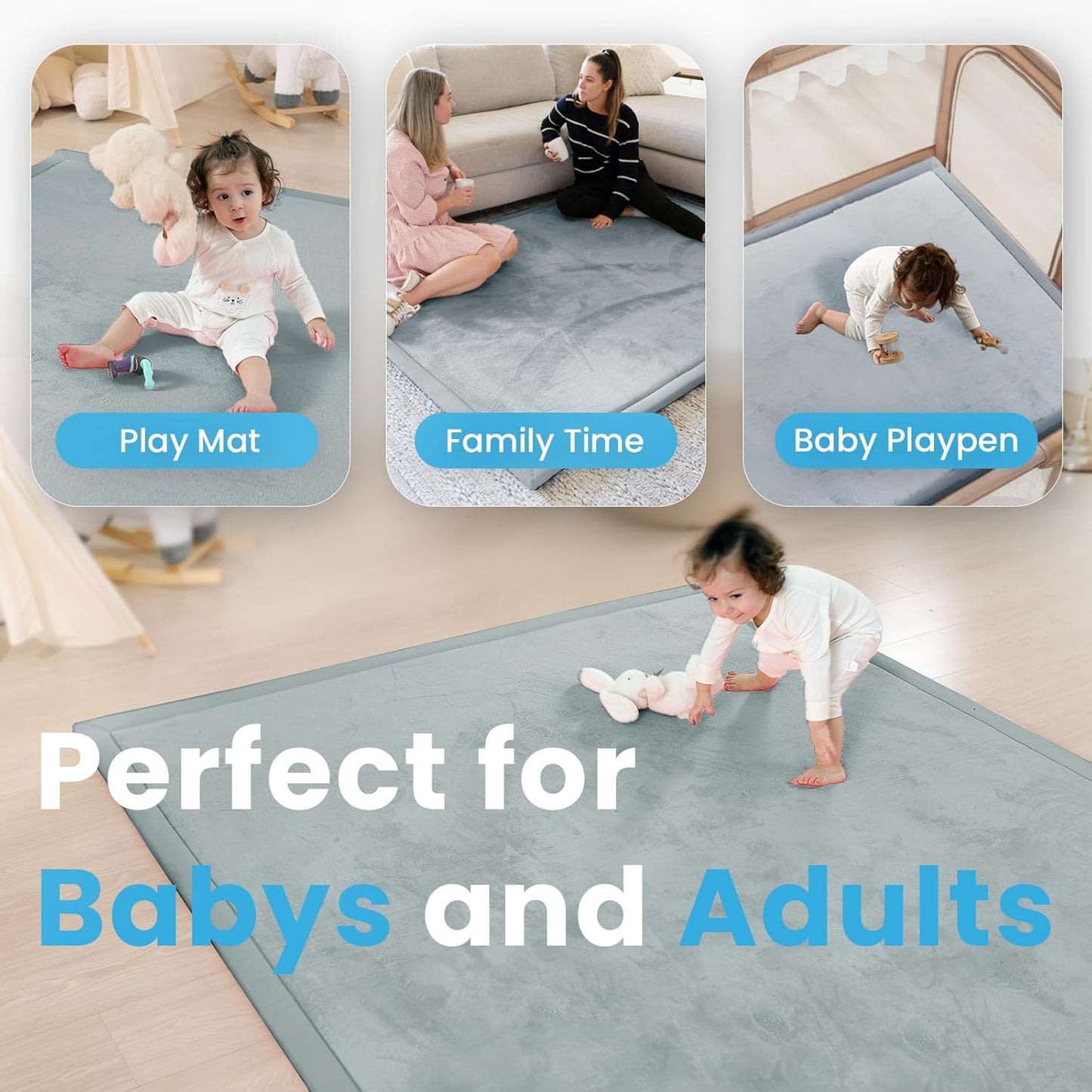 1.3" Thick Baby Play Mat for Floor,79 x 118 Large Foam Tummy Time Mat,Padded Support Soft Plush Nursery Rug for Infant,Kids Toddler Crawling kick activity (Light Grey)