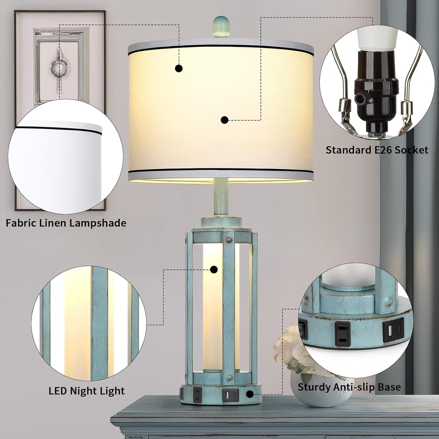 Industrial Farmhouse Table Lamp, 26" Vintage Rustic Beside Lamp with USB A+C Charging Ports & AC Outlet, Nightstand Metal Lamp with LED Night Light & Fabric Shade for Living Room Bedrooms Blue