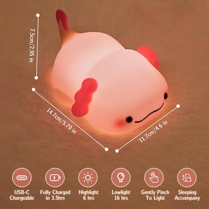 SMY Lighting Axolotl Night Light for Kids,Animal Silicone Nursery Night Lamp, Rechargeable Table Lighting Bedside Lamp,Cute Room Decor Light for Bedroom,Living Room,Dining,Desk Decorations,Gift