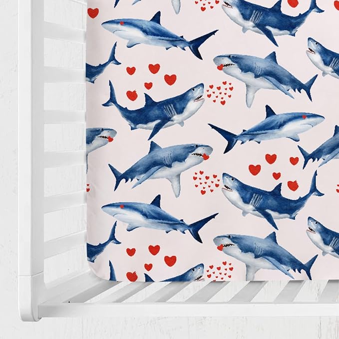 Sea Shark Love Baby Crib Sheets 52''x28'' Ocean Animals Hearts Fitted Crib Mattress Cover for Boy Girl Nursery Baby Bed Sheets for Standard Crib and Toddler Mattresses
