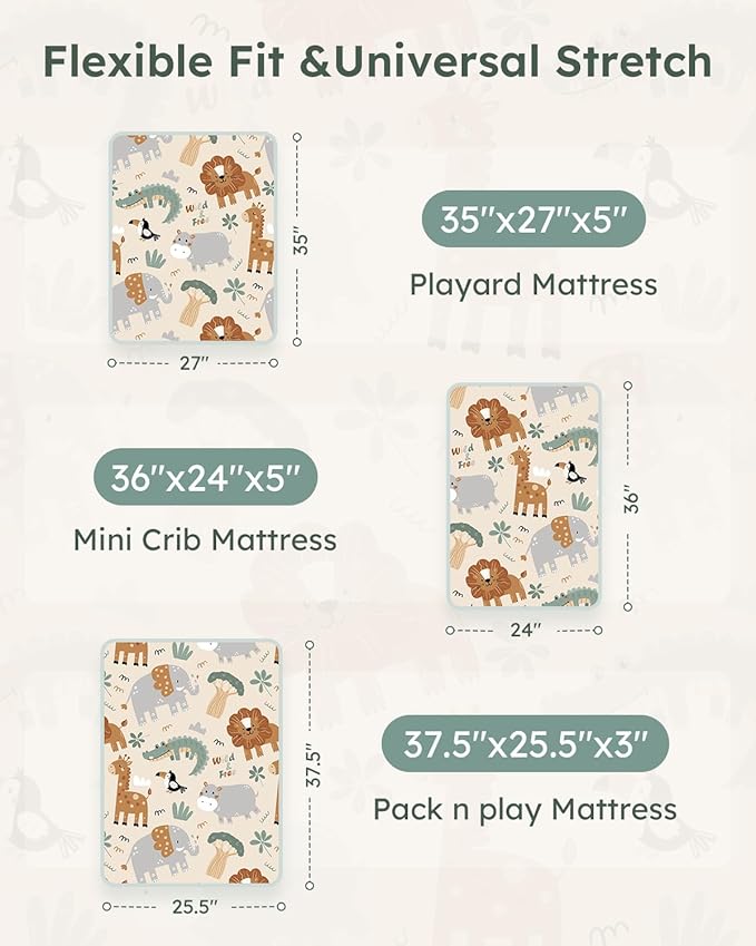 Pack and Play Sheets Fitted 3 Pack, Mini Crib Sheets for Pack N Play Mattress Stretchy Portable Playard Sheets, Soft Breathable Green & Apricot Lion