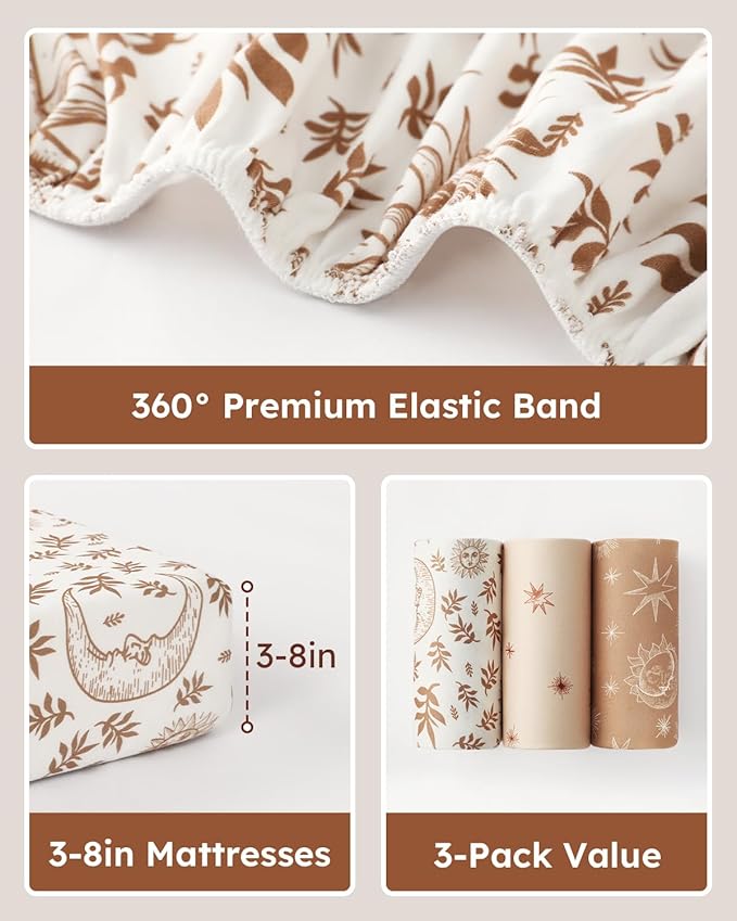Baby Crib Sheets for Boys Girls, 28x52x8in Fitted Crib Sheet Neutral 3 Pack for Standard Crib and Toddler Mattress, Breathable Soft Microfiber Baby Sheet White Brown Sun God