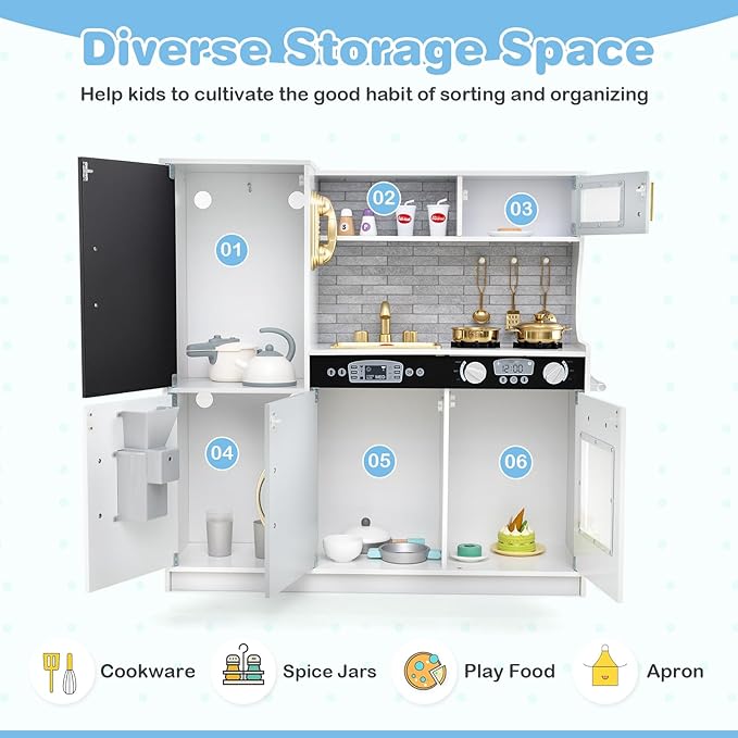 HONEY JOY Kids Kitchen Playset, Wooden Little Chef Pretend Toy Kitchen Set w/Chalkboard, Telephone, Utensils, Oven, Microwave, Sink, Storage, Play Kitchen for Toddlers Boys Girls, White Golden