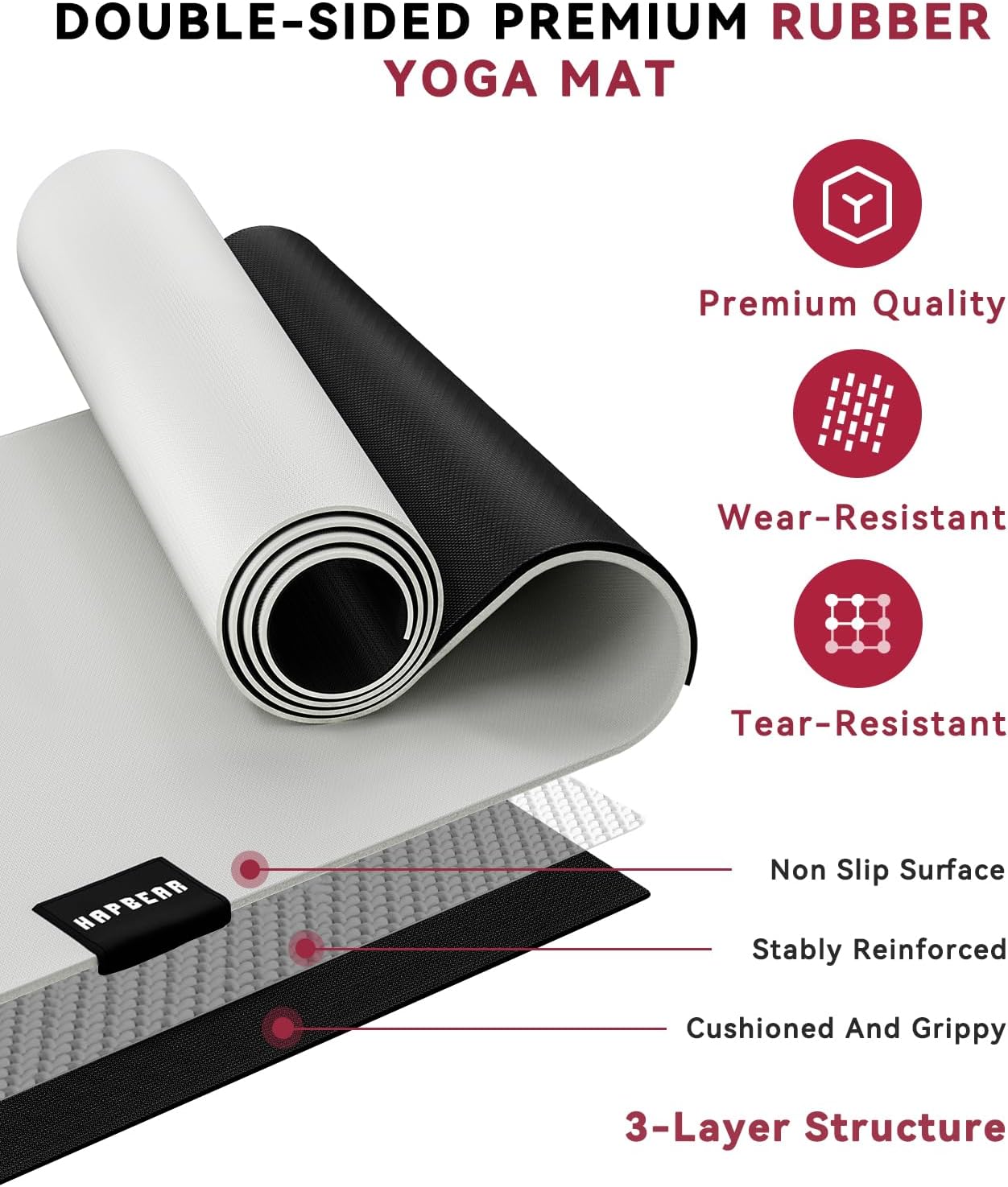 HAPBEAR Large Yoga Mat 72"x30" - 5mm Thick PU Top & Rubber Bottom - Non-Slip Wide Exercise Mat with Dual Layers - High Shock Absorption for Professional Yogis & Home Workouts - Bonus Oxford Bag Included