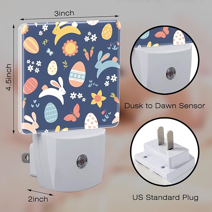 Easter Bunnies and Eggs Night Light, Colorful Rabbits and Flowers Dusk to Dawn Night Light Plug in,0.5w Energy Saving Sleep Friendly NightLight for Kids Boys Girls Home Decor