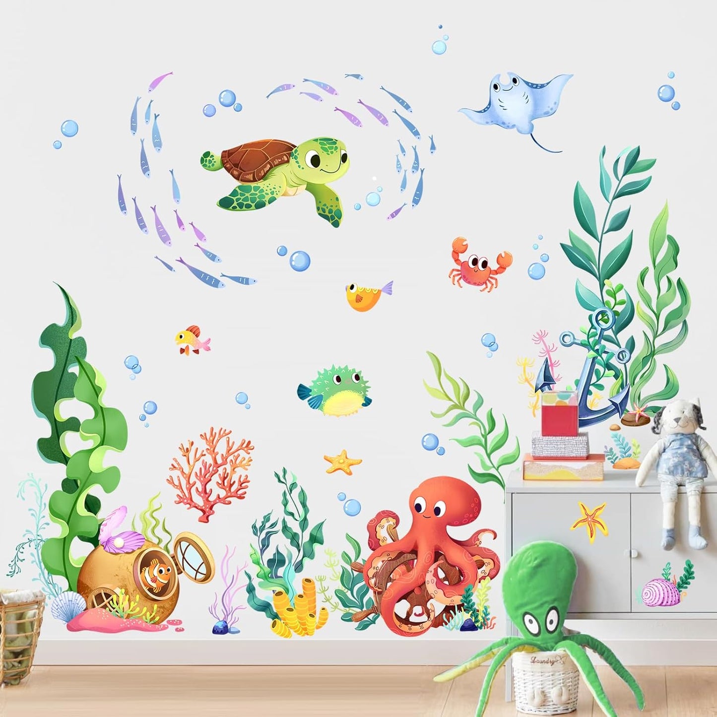 Supzone Under The Sea Wall Decals Ocean Fish Seaweed Sea Turtle Octopuses Wall Stickers for Kids Toddlers Bedroom Living Room Baby Nursery Wall Decor