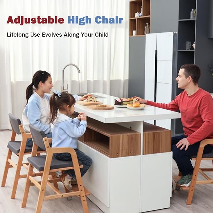 Swegrow Wooden High Chair with 2 Wheels, Adjustable Seat - Backrest - Footrest Heights, Wooden High Chair for Toddlers - Kids and Baby, Kids Dining Chair with Removable Cushion(Gray)