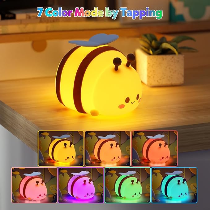 Bee Night Light, Cute Silicone Animal Bedside Lamp, Night Lamp for Kids Room, Dimmable LED Lamp,Bedroom Touch Lamp, Nursery,Baby Room&Girls Room Decor, Baby Boys Girls Gift,Rechargeable Nightlight
