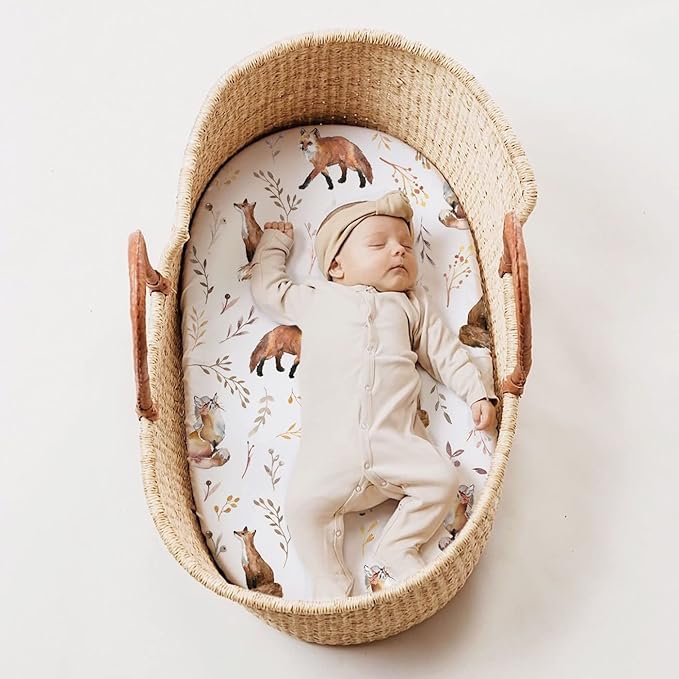 GRSSDER Stretchy Ultra Soft Fitted Bassinet Sheet Set 3 Pack, Universal Fit for Bassinets Baby Cradle Moses Basket Oval Rectangle Mattress, Pretty Fox for Baby Girls