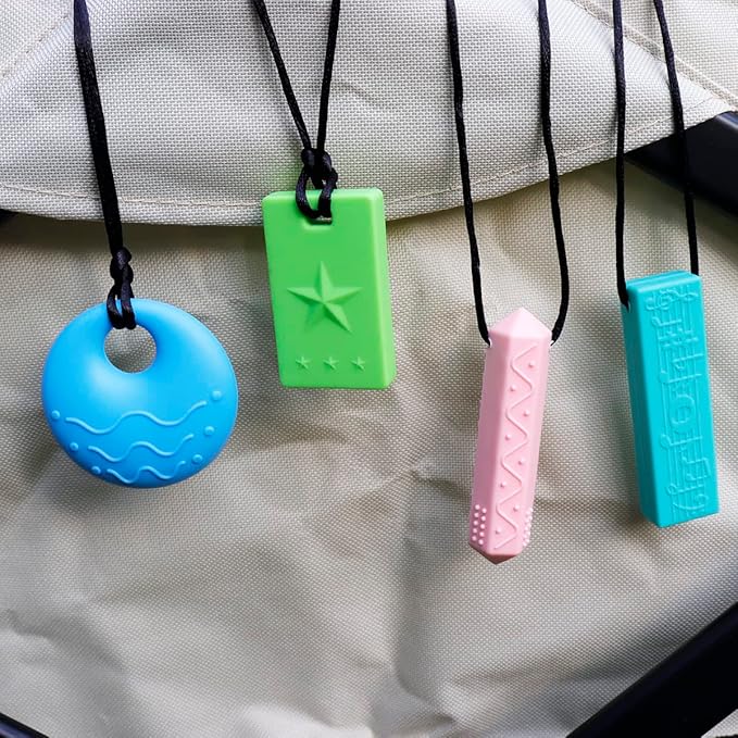 Sensory Chew Necklaces for Kids - 4 Pack Silicone Chewy Necklaces for ADHD, Autism, Biting and Oral Motor Needs Color 1