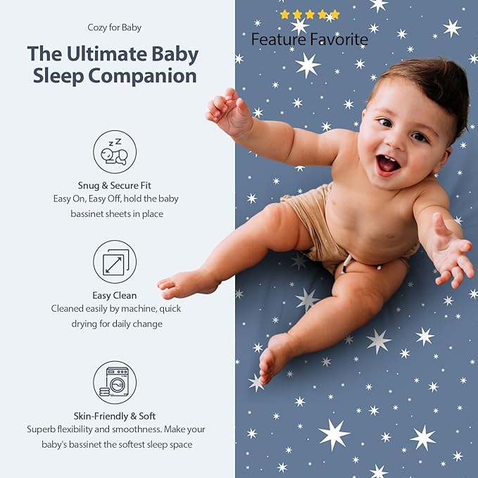 Baby Bassinet Sheets Girl Boy, Fitted Bassinet Sheet Set 3 Pack Bassinet Mattress Sheets Universal Fit for Rectangle, Round, Oval, Hourglass Mattress, Soft Breathable Grey & Blue Moon
