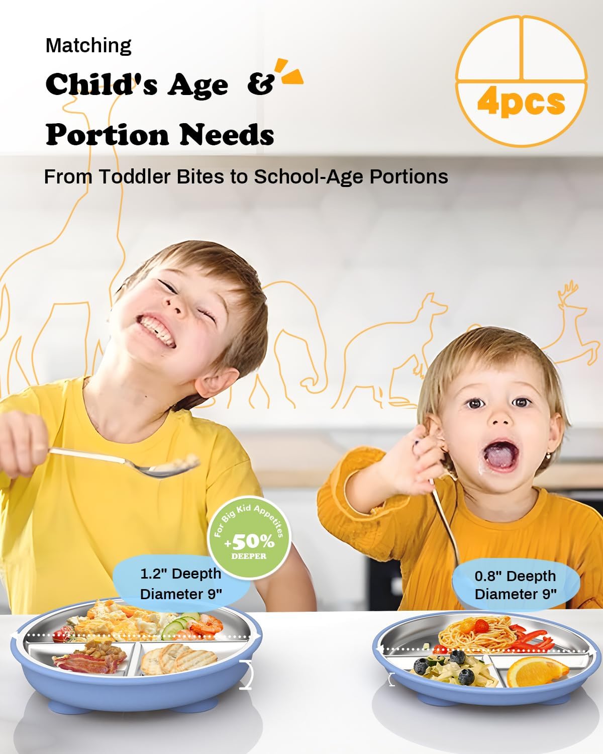 Stainless Steel Toddler Suction Plate with Lid, Deepened 9" Divided Plates with Removable Silicone Sleeves for Kids, Non Toxic Unbreakable Snack Dishes Set of 4, Sage Blue Beige Lilac