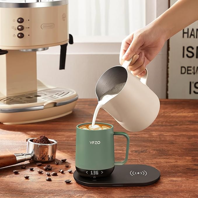 Temperature Control Smart Mug, Self Heating Coffee Mug LED Display, 180 Min Battery Life - Hot up to 149℉ Fast Wireless Charger Base Improved Design coffee serving sets (12oz, Blue Grey)