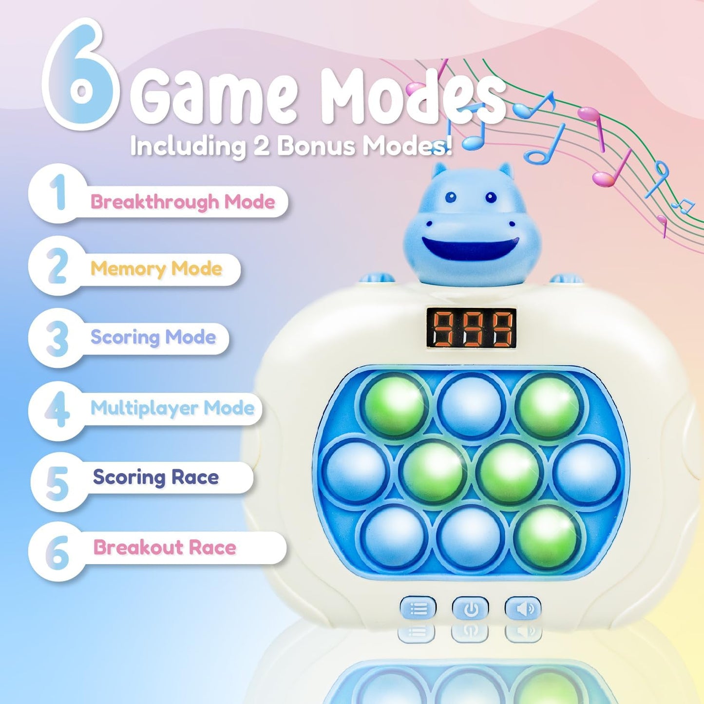 Marlo & Buzz Fast Push Game Toy with Popit Game Controller, Pop Fidget Animal with LED Screen - Sensory and Memory Console, Quick Bubble Light Toy, Pocket Games (Hippo)