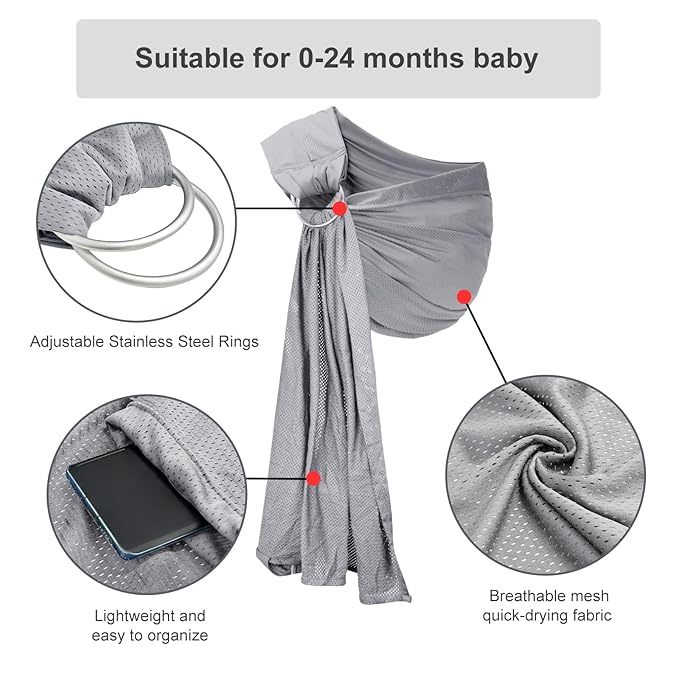 Water Ring Sling Baby Carrier, Adjustable Lightweight Breathable Newborn Carrier Sling for Summer, Swimming, Pool, Beach, Front Chest Mesh Infant Wrap Carrier for Baby Gift (Light Grey)