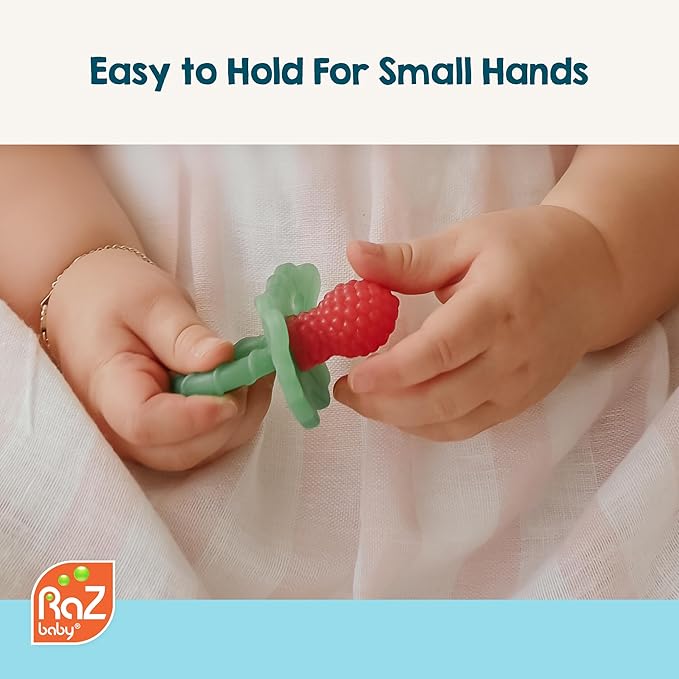 RaZbaby RaZberry Silicone Teether Pacifier – Teething Relief for Infants, Food-Grade, BPA-Free, Hands-Free Design, Natural Berrybumps Fruit Texture for Sensory Development, Freezable – Cookies & Cream