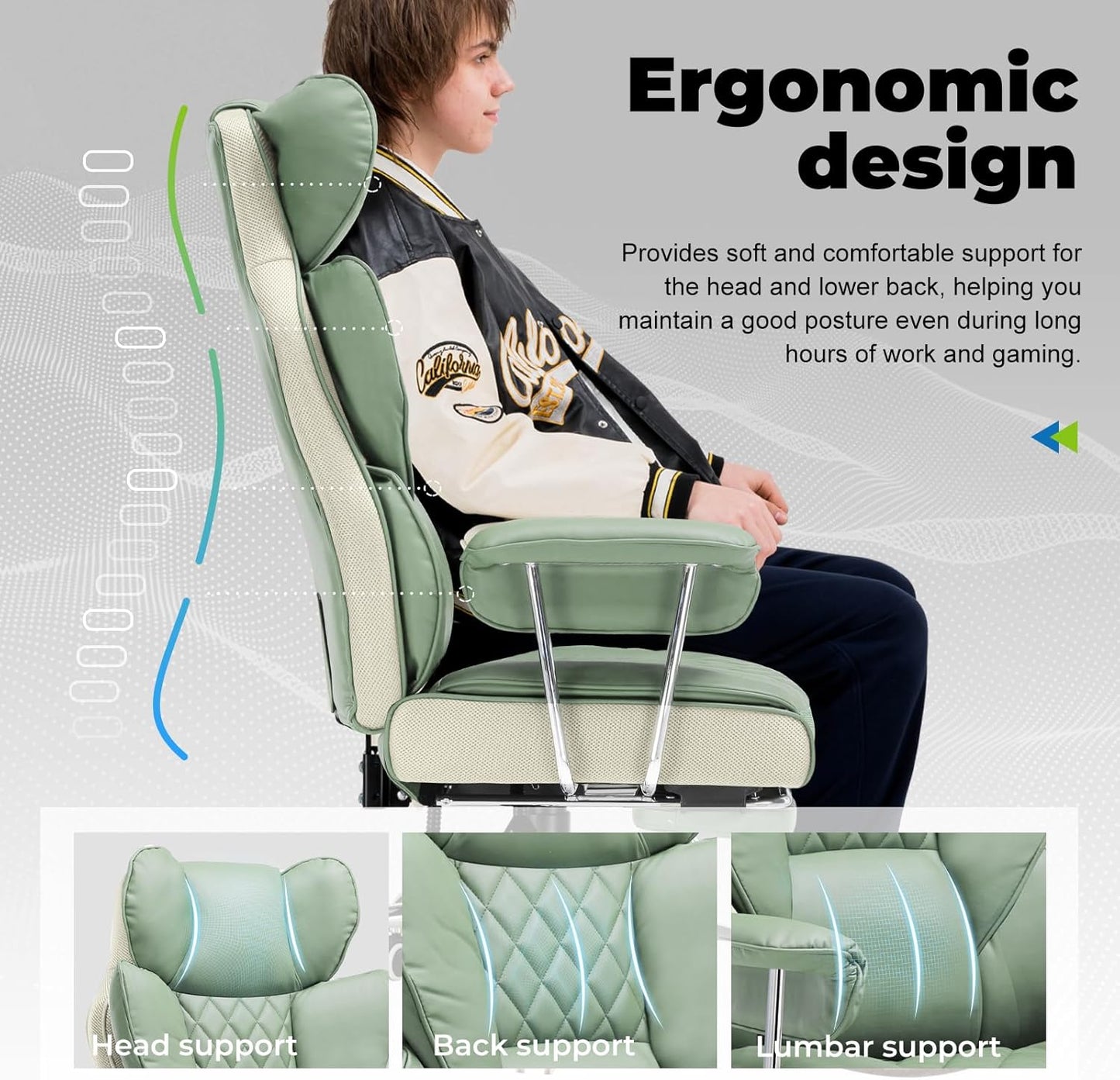 COMHOMA Big and Tall Office Chair, High Back Leather Gaming Chair with Footrest, Executive Ergonomic Office Chairs with Pocket Spring Lumbar Support and with Outward Fixed Soft Armrests