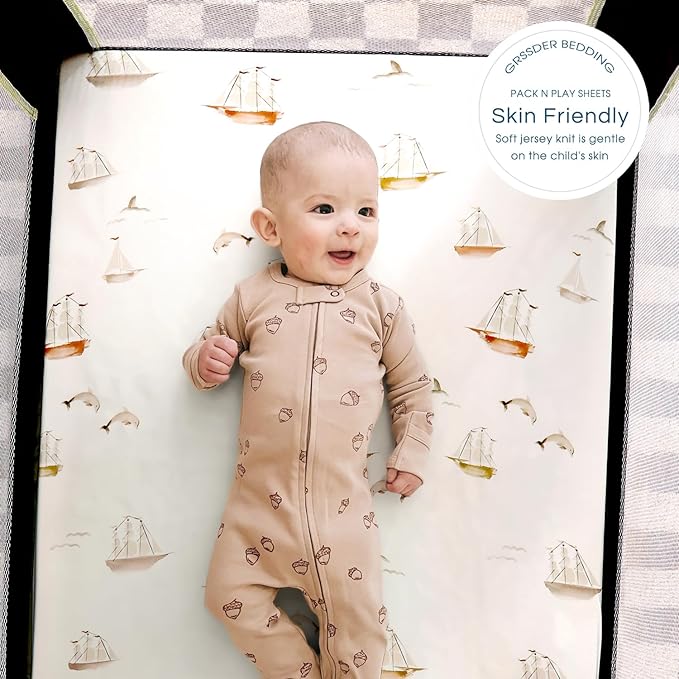 Stretchy Ultra Soft Jersey Knit Fitted Pack and Play Sheets Set 3 Pack, Portable/Mini Crib Sheets for Boys and Girls, Universal Fit for Pack N Plays Safe and Snug, Stylish Pattern of Duck Happy Party