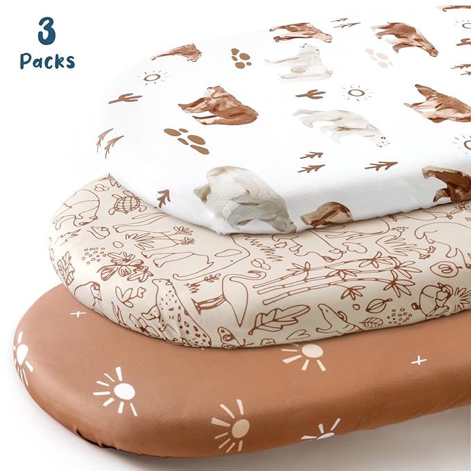 GRSSDER Stretchy Ultra Soft Bassinet Sheet 3 Pack, Universal Fit for Bassinets Baby Cradle Moses Basket Oval Rectangle Mattress or Changing Table Pad Safe and Snug, Stylish Print of Sunny Bear