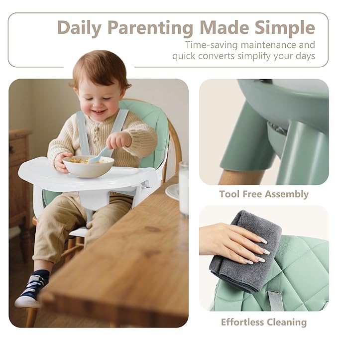 Kinder King 7 in 1 Baby High Chair for Babies and Toddlers with Large Storage Footrest, Booster Seat, Convertible Wooden High Chair with 3-Depth Double Dishwasher Safe Tray, 5 Point Harness, Green