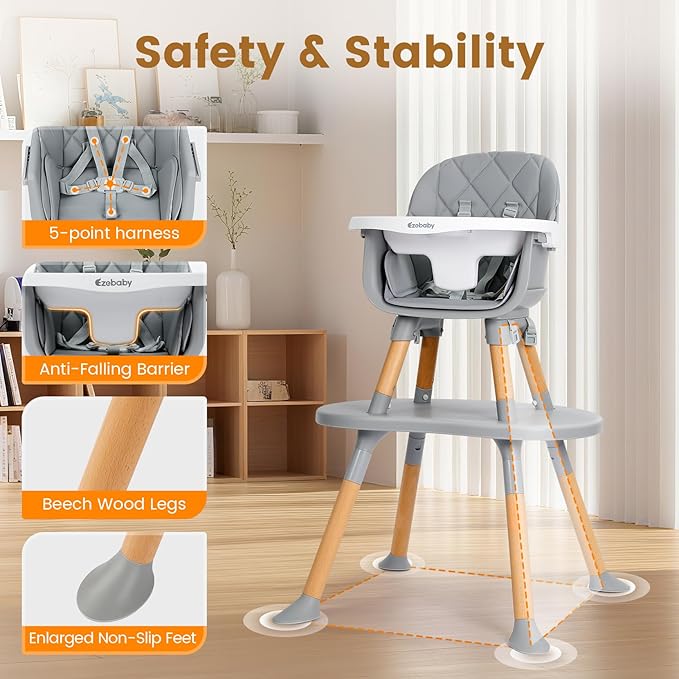 Ezebaby Baby High Chair, 8 in 1 Convertible High Chairs to Booster Seat/Toddler Chair/Table and Chair Set, Wooden High Chair with Adjustable Tray & PU Cushion(Grey)