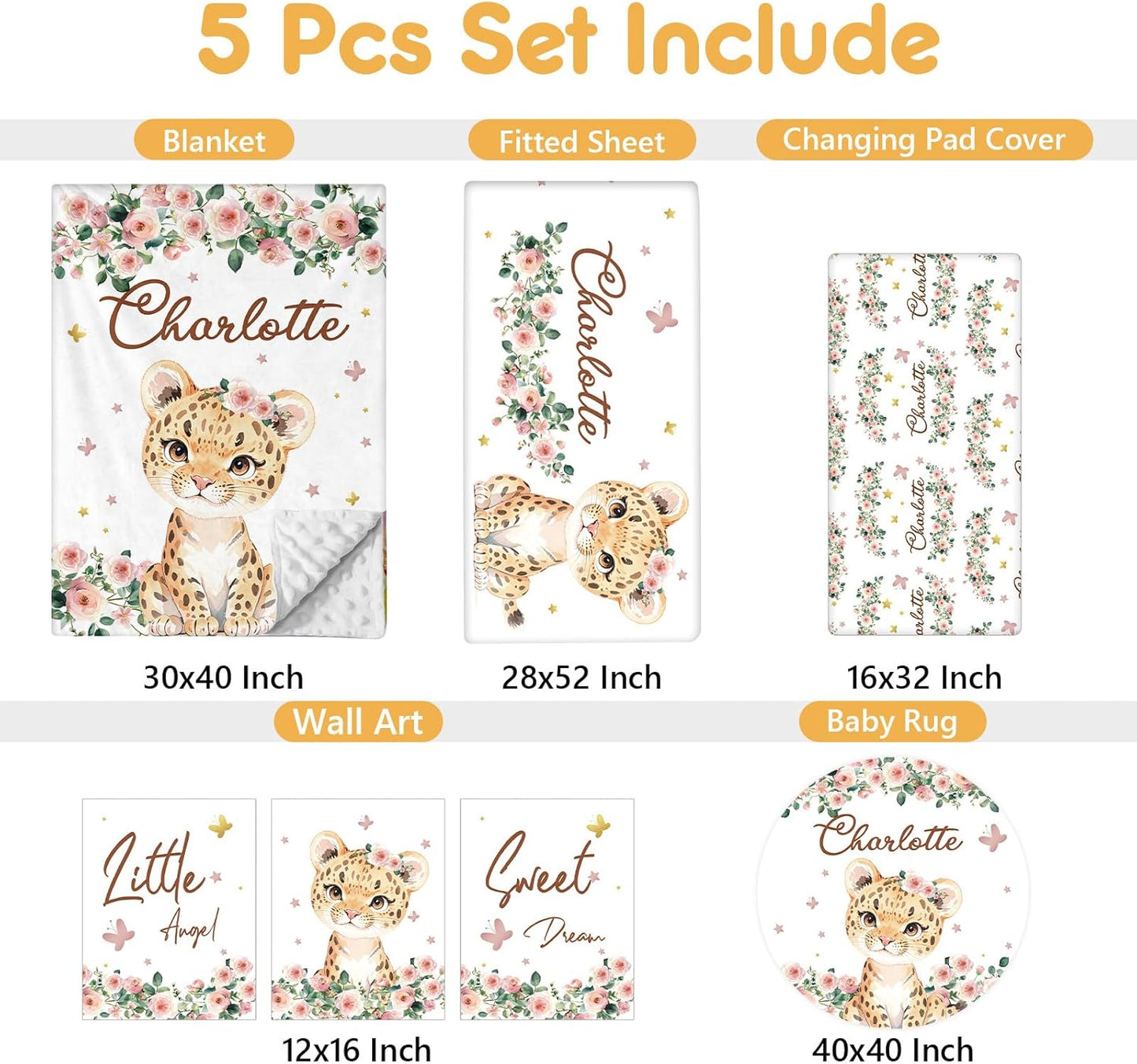Custom Baby Crib Bedding Set, 5 Pcs Personalized Name Baby Crib Sets for Infant Toddler, Floral Leopard Nursery Bedding Set for Baby Girls, Double Layer Baby Bedding Sets Customized Gifts