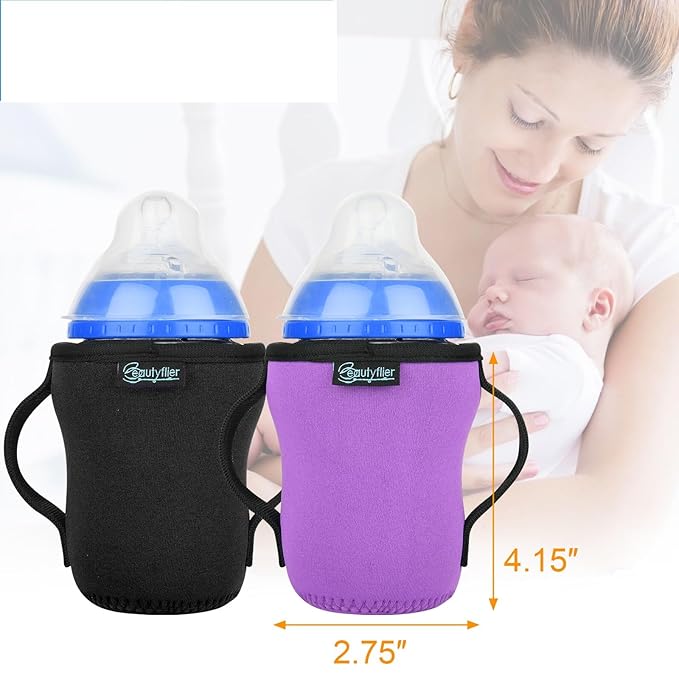 Beautyflier Glass Baby Bottle Sleeve Covers for 9oz Nature Baby Bottles with Dual Handle, 3.8mm Thicken Heat and Cold Retention Baby Bottle Sleeve (Black+Purple)