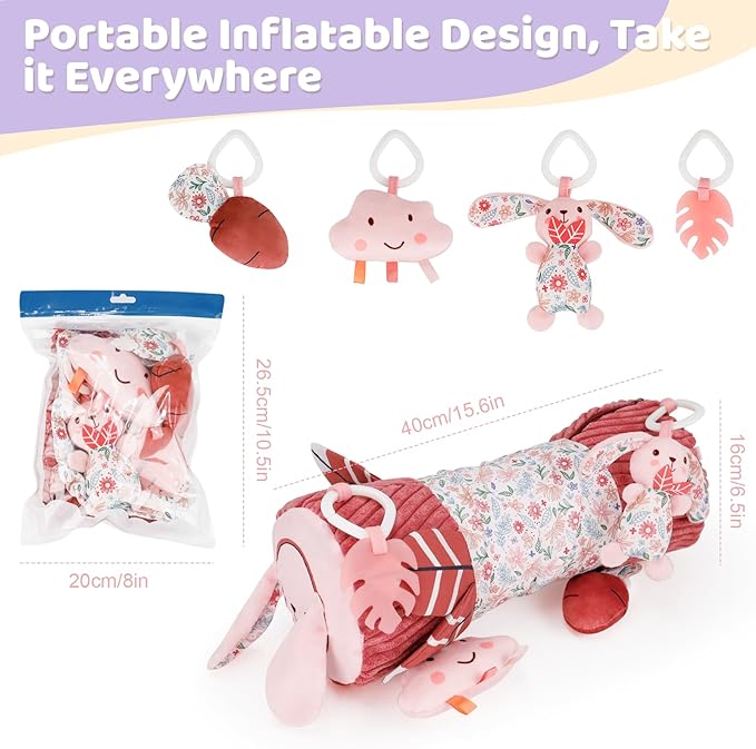 vocheer Tummy Time Pillow with Detachable Sensory Toys for Babies,Inflatable Design,Pink Rabbit, Baby Girl Toys 3-6 Months with Tummy Time Mirror, Rattles, Teether, Baby Girl Gifts