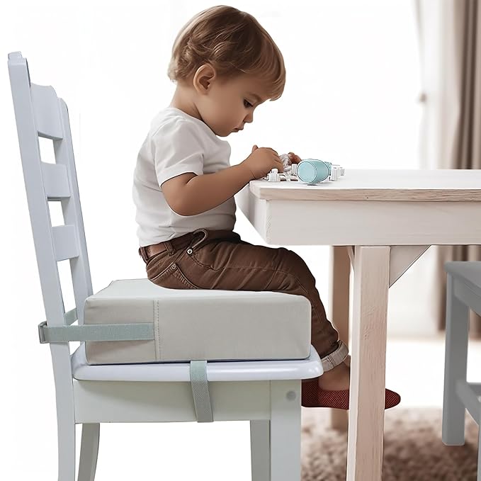 Toddler Booster Seat for Dining Table, 2 Elastic Seat Belts, Anti Scratch PU Skin-Friendly, Waterproof, Anti-Wrinkle, Detachable Non-Slip Bottom - Light Gray