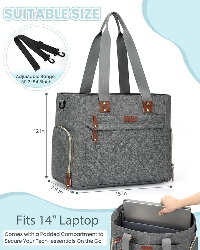 Diaper Bag Tote for Working Mom, Large Travel Diaper Tote for Mom and Dad with 14 Inch Laptop Sleeve, Mommy Maternity Travel Baby Bag for Boys and Girls, Grey