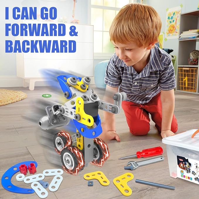 10 in 1 Electric Stem Toys for 5 6 7 8 9+ Year Old Boys Toy Building Blocks Set Stem Kit Kid Age 4-8 5-7 8-10 Educational Creative Game Construction Activities Robot Excavator Birthday Gift Idea